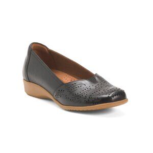 COBB HILL ROCKPORT Black Leather Rozie Comfort Wedge Flats